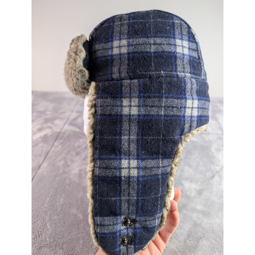 Woolrich Mens Plaid Trapper Hat Blue Grey Faux Fur Lined Ear Flaps Medium